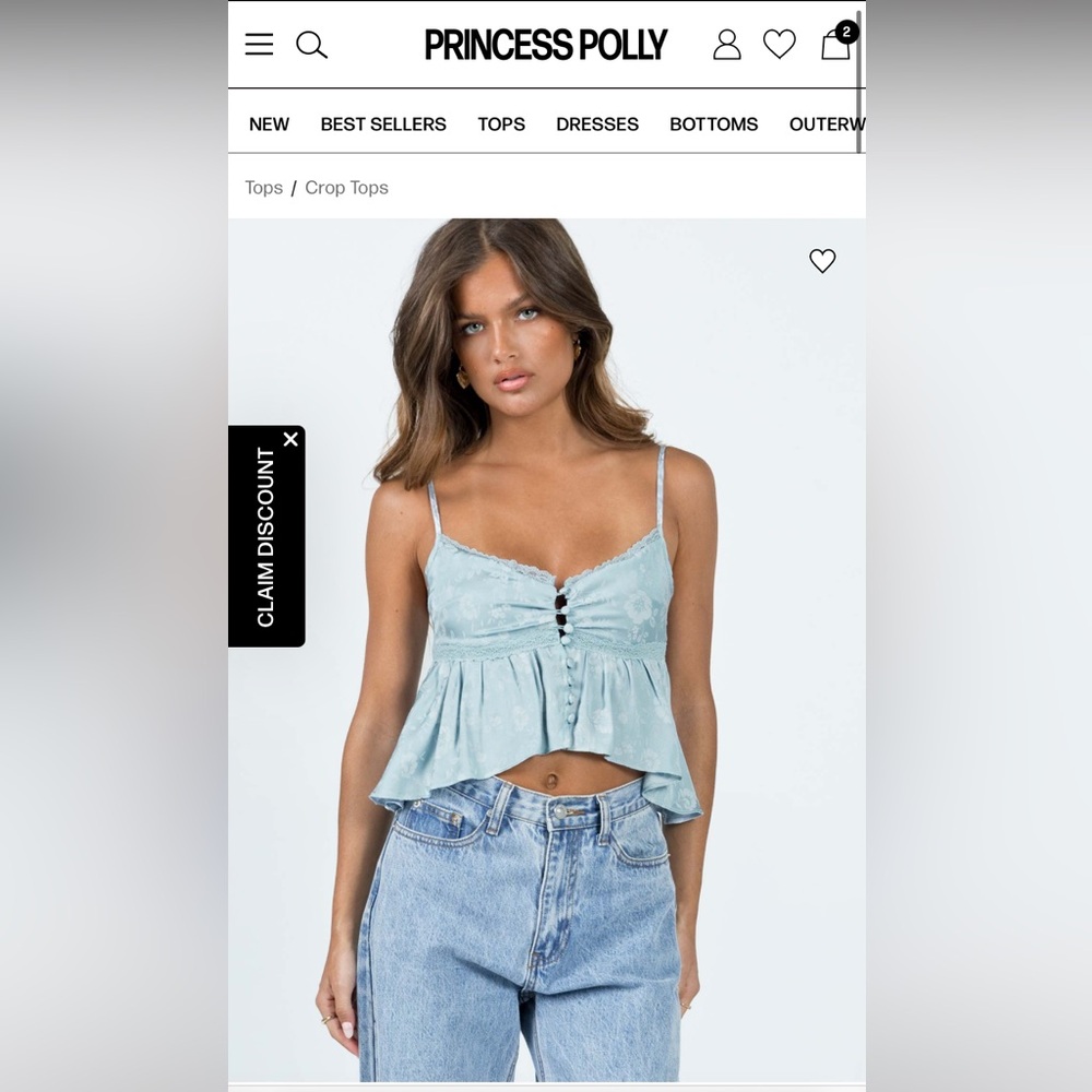 Like New Princess Polly Seafoam Blue Floral Lace-Trim Peplum Cami